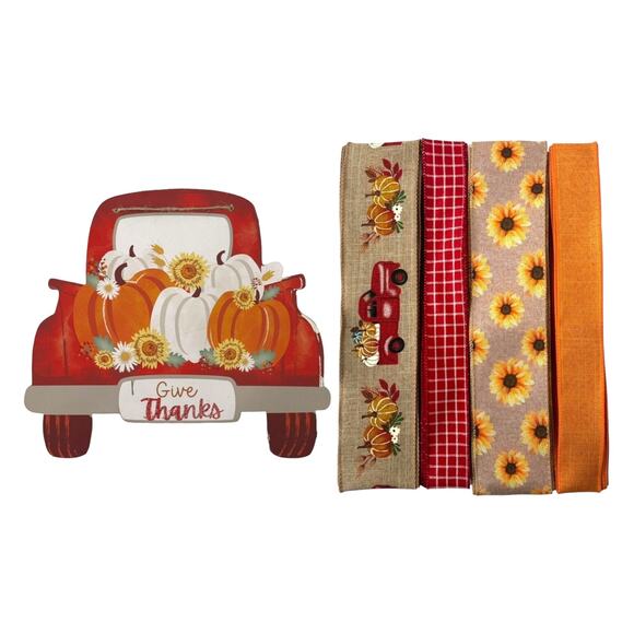 Fall Wreath Kit "Give Thanks" Sign & Pumpkin Truck, Sunflower Ribbons Bundle - Picture 1 of 5